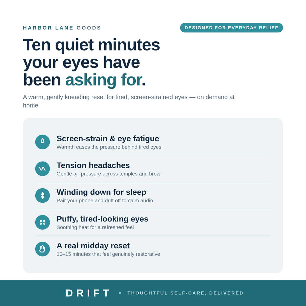 DRIFT — ten quiet minutes for tired eyes: heated mask, air-pressure, Bluetooth
