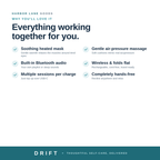 DRIFT — features: soothing heated mask, air-pressure massage, Bluetooth audio, foldable, USB-C, hands-free