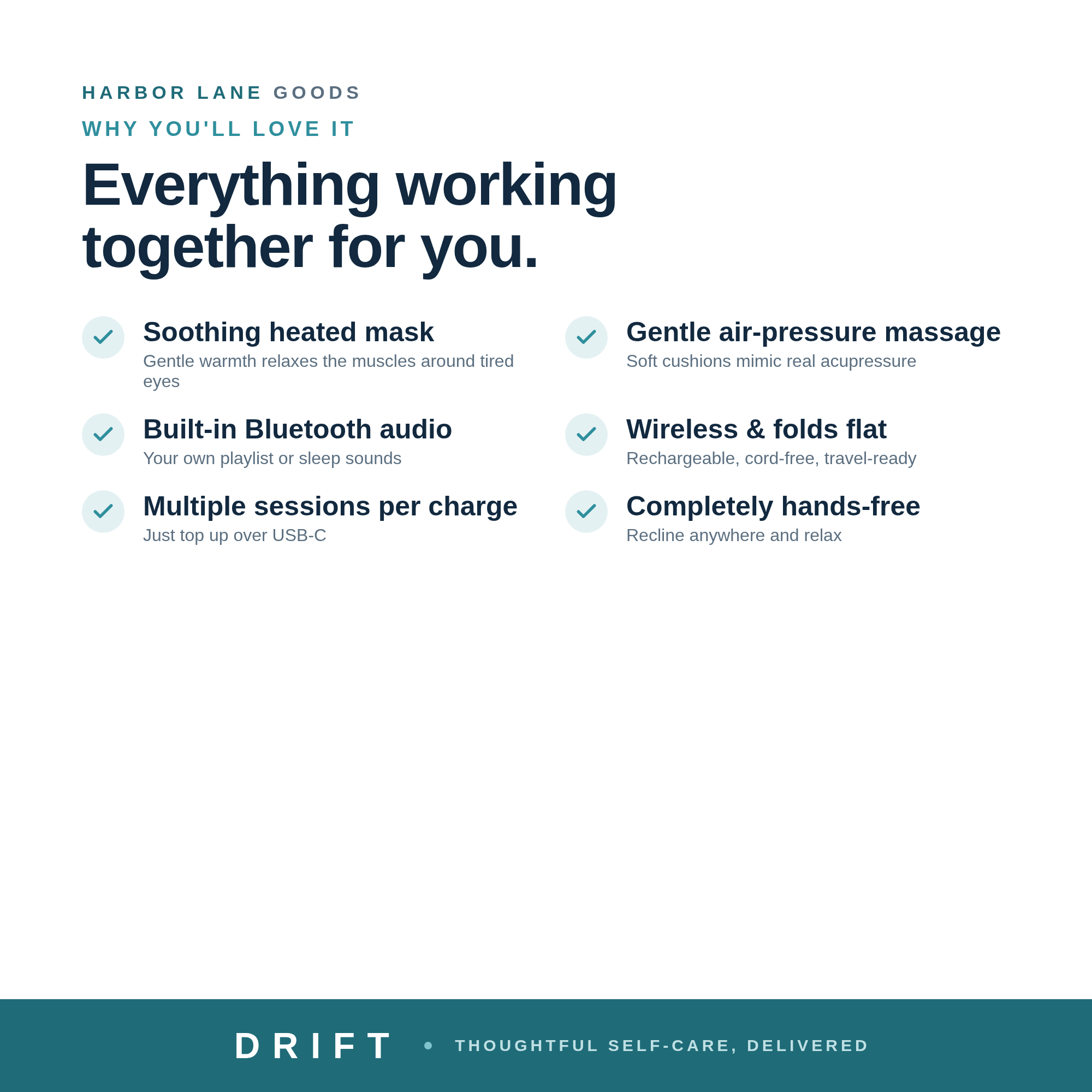DRIFT — features: soothing heated mask, air-pressure massage, Bluetooth audio, foldable, USB-C, hands-free