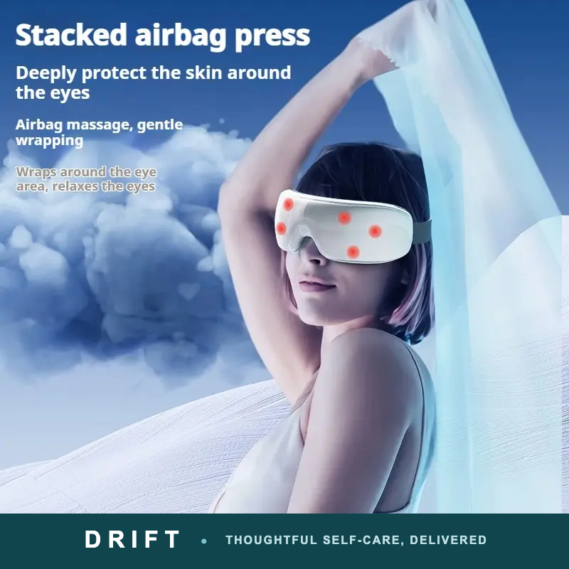 DRIFT eye massager — stacked airbag press, gentle wrapping around the eyes