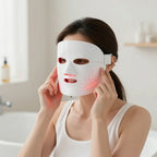 Woman adjusting the LUMARA LED therapy mask in bathroom